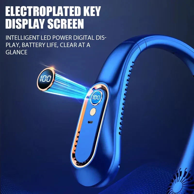 Bærbar mini bladløs nakkeventilator med digitalt display - USB-genopladelig luftkøler til nakken, håndfri køleoplevelse