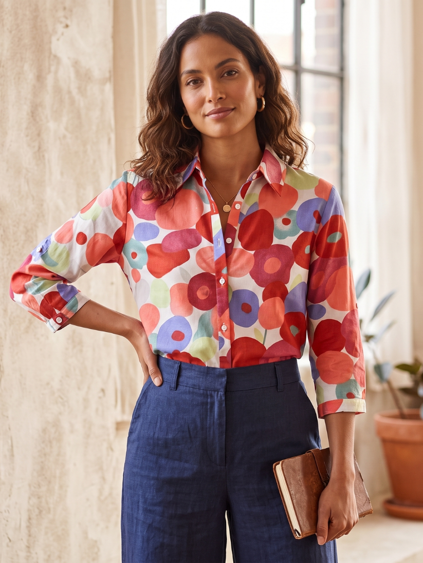 Blomstret gennemknappet damebluse