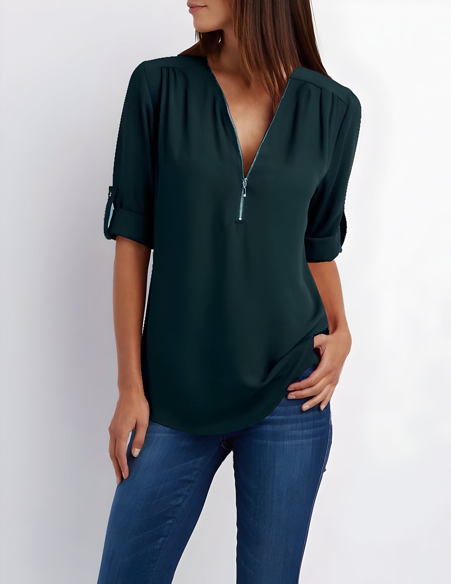 Damebluse med lynlås foran