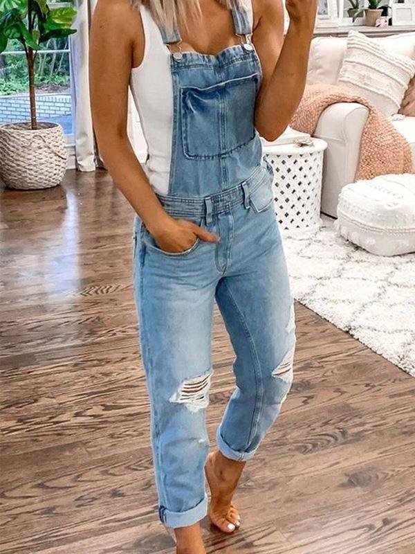 Denimsmækbukser i relaxed fit med huller til damer