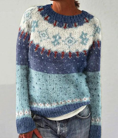 Fair Isle-strikket sweater med rund hals til damer