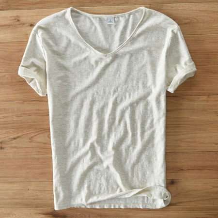 Hør- og bomulds-T-shirt med V-udskæring til mænd