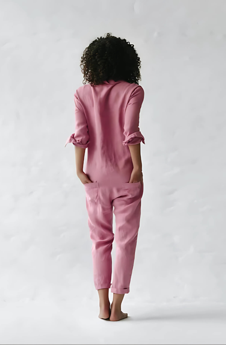 Jumpsuit i hør til damer med knapper foran og afslappet pasform