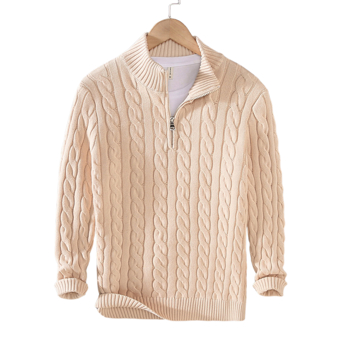 Kabelstrikket herresweater med kort lynlås