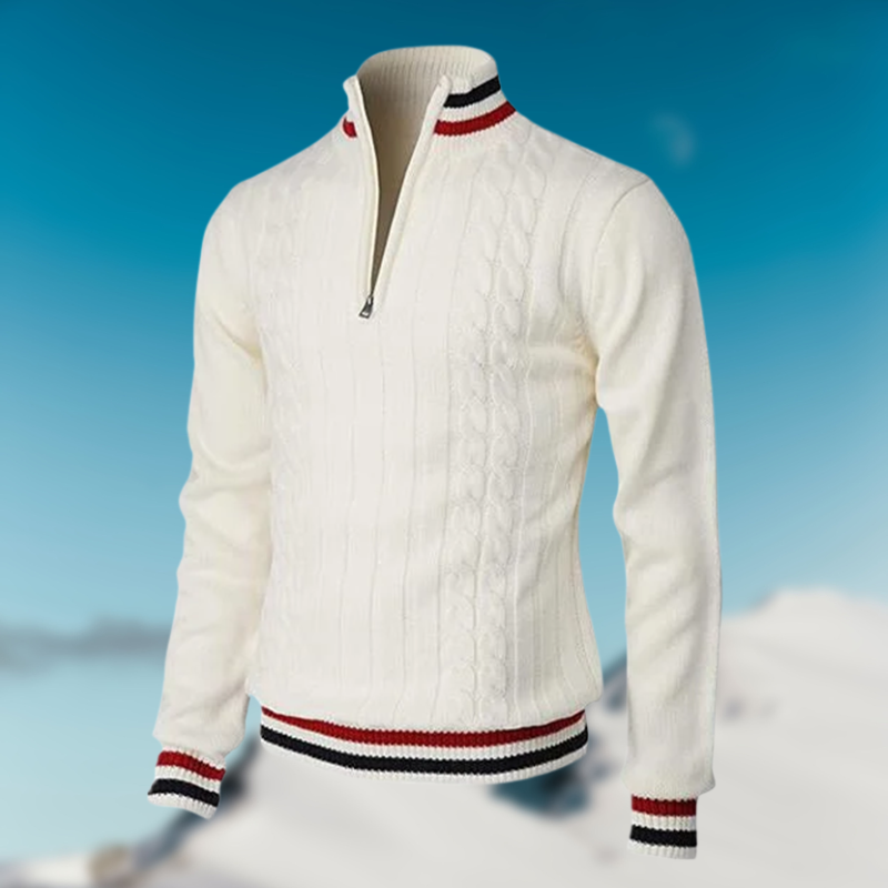 Kabelstrikket herresweater med kvart lynlås og stribede kanter