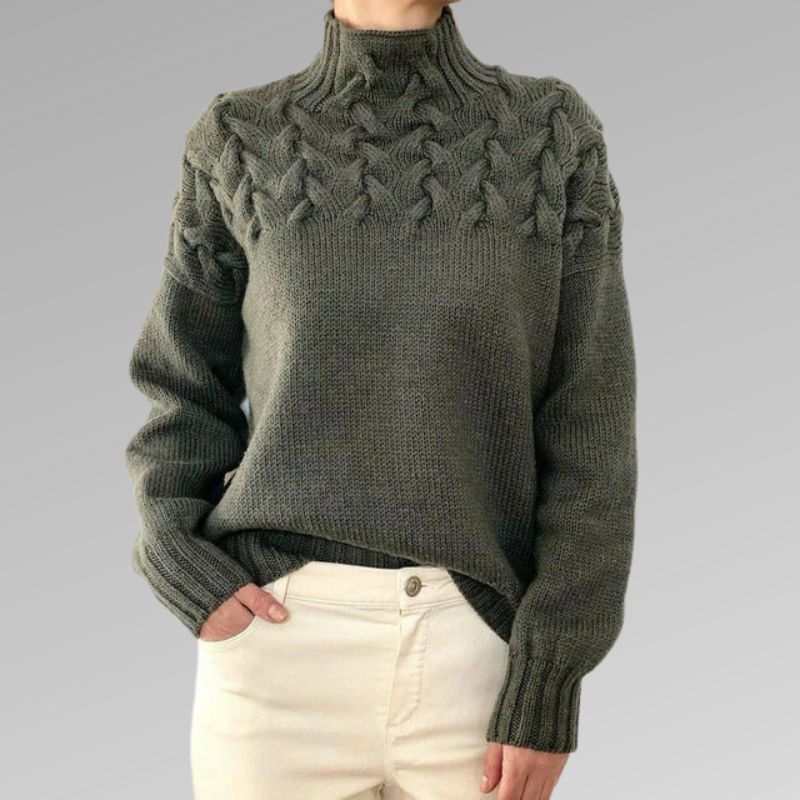 Kabelstrikket rullekravesweater til damer