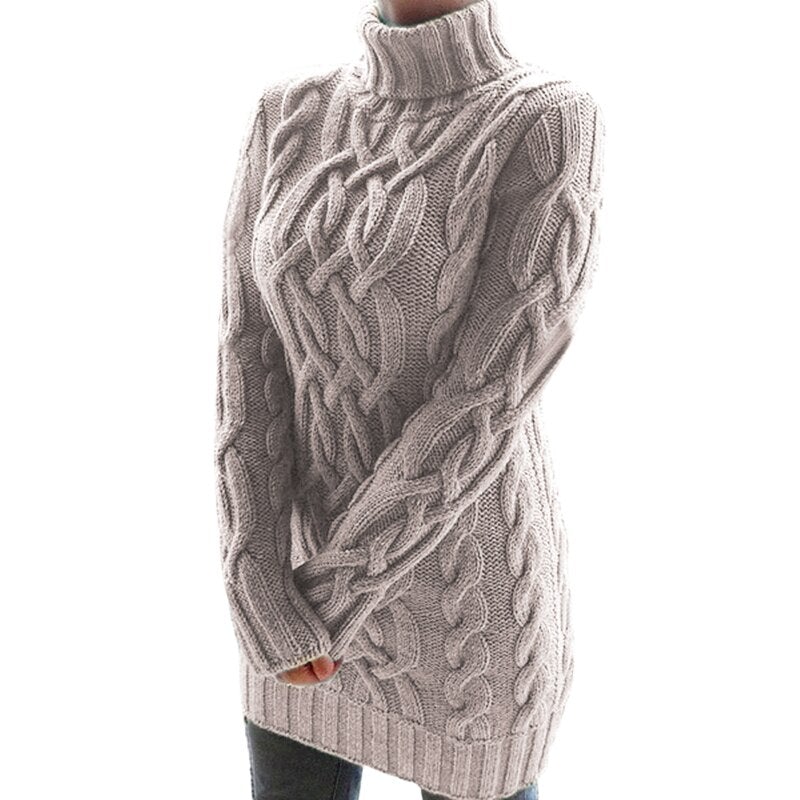 Kabelstrikket sweaterkjole med rullekrave til damer