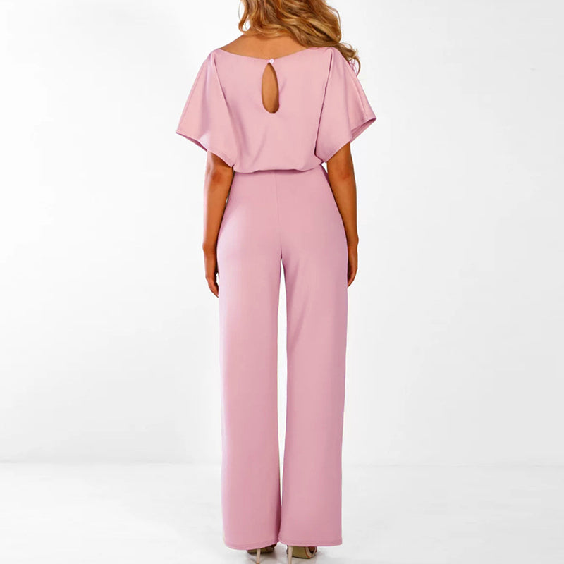Kortærmet jumpsuit med brede ben og bælte til kvinder