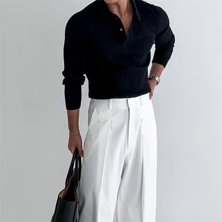 Langærmet ribstrikket slim fit-poloshirt til mænd