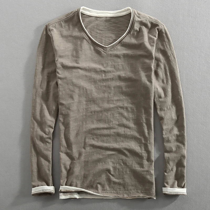 Langærmet T-shirt med V-hals til herrer