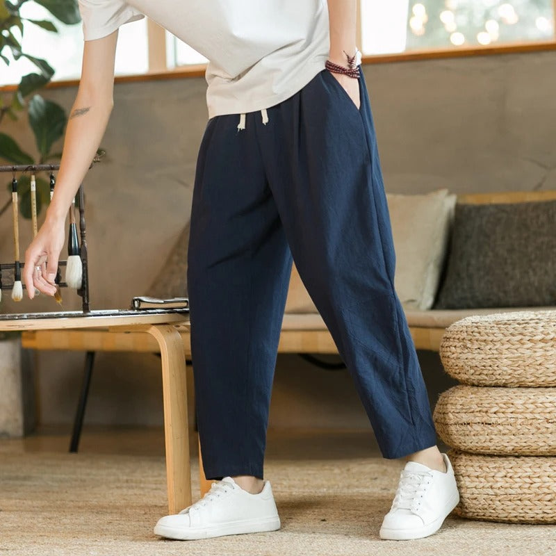 Loose fit cropped herrebukser med snøre