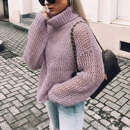 Oversized grovstrikket rullekravesweater til damer