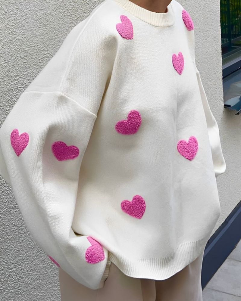 Oversized sweater med hjerteprint til damer