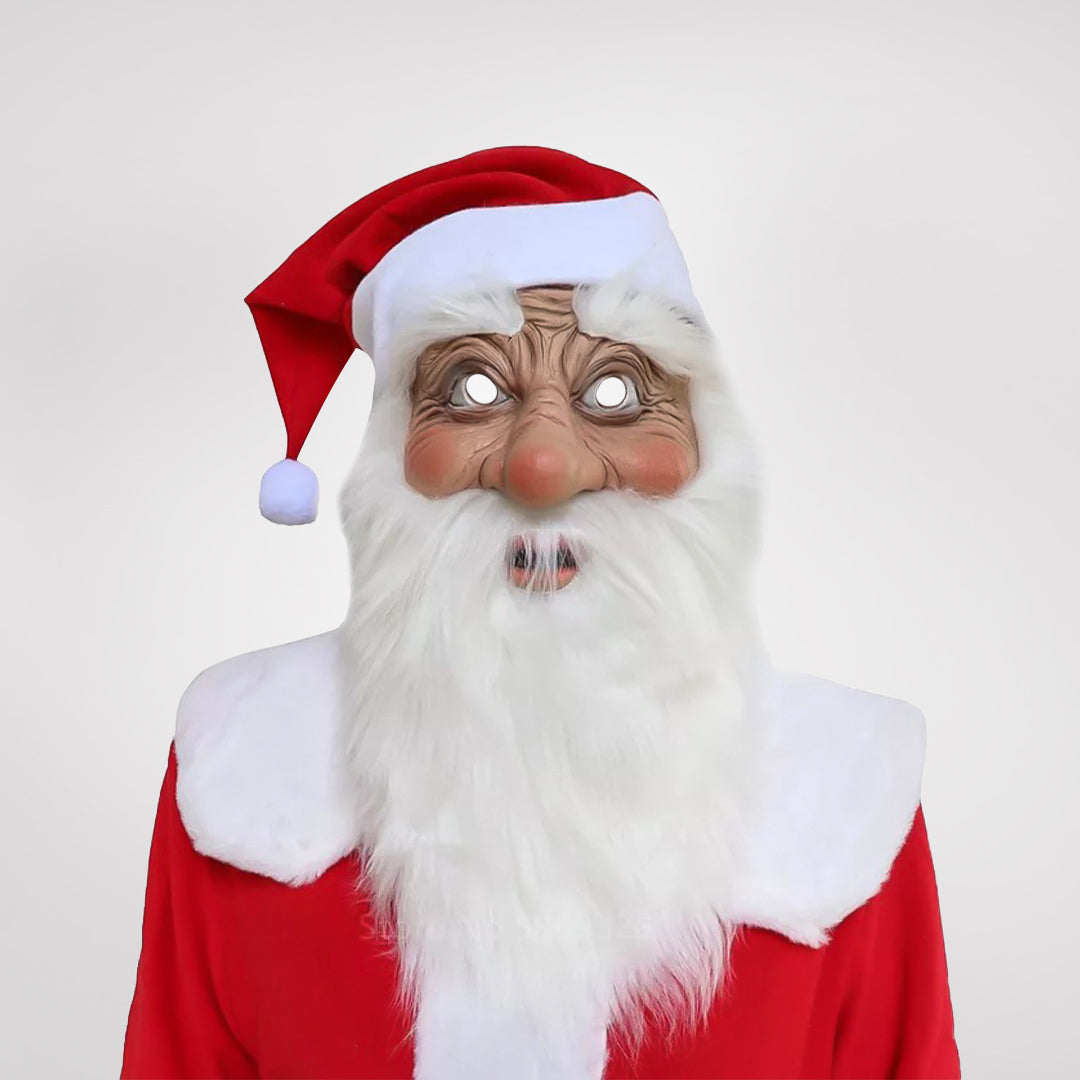 Realistisk julemandsmaske, der dækker ansigt, hals og bryst