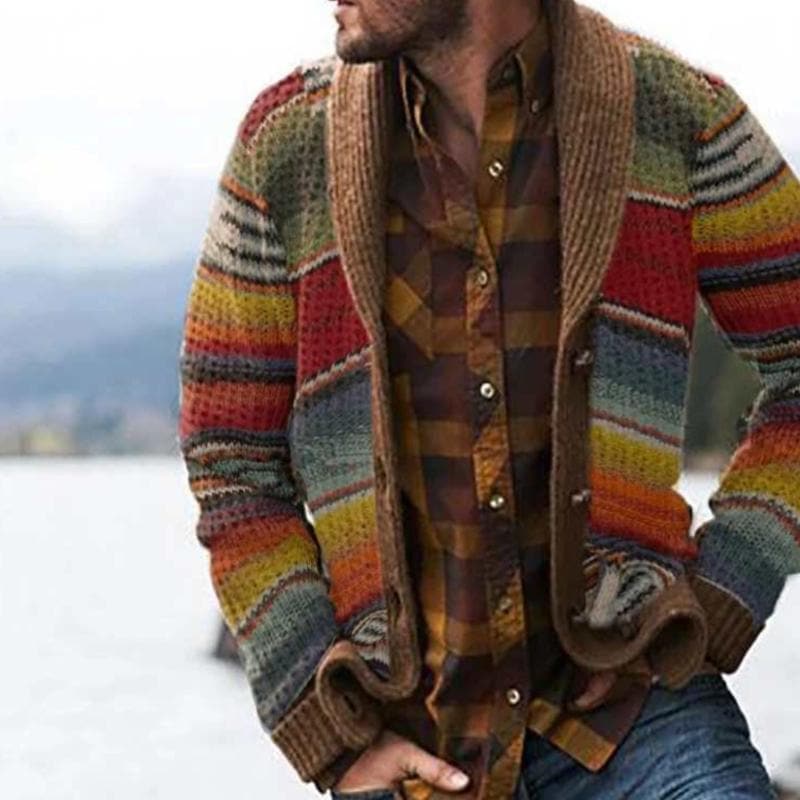 Stribet herrecardigan med sjalekrave