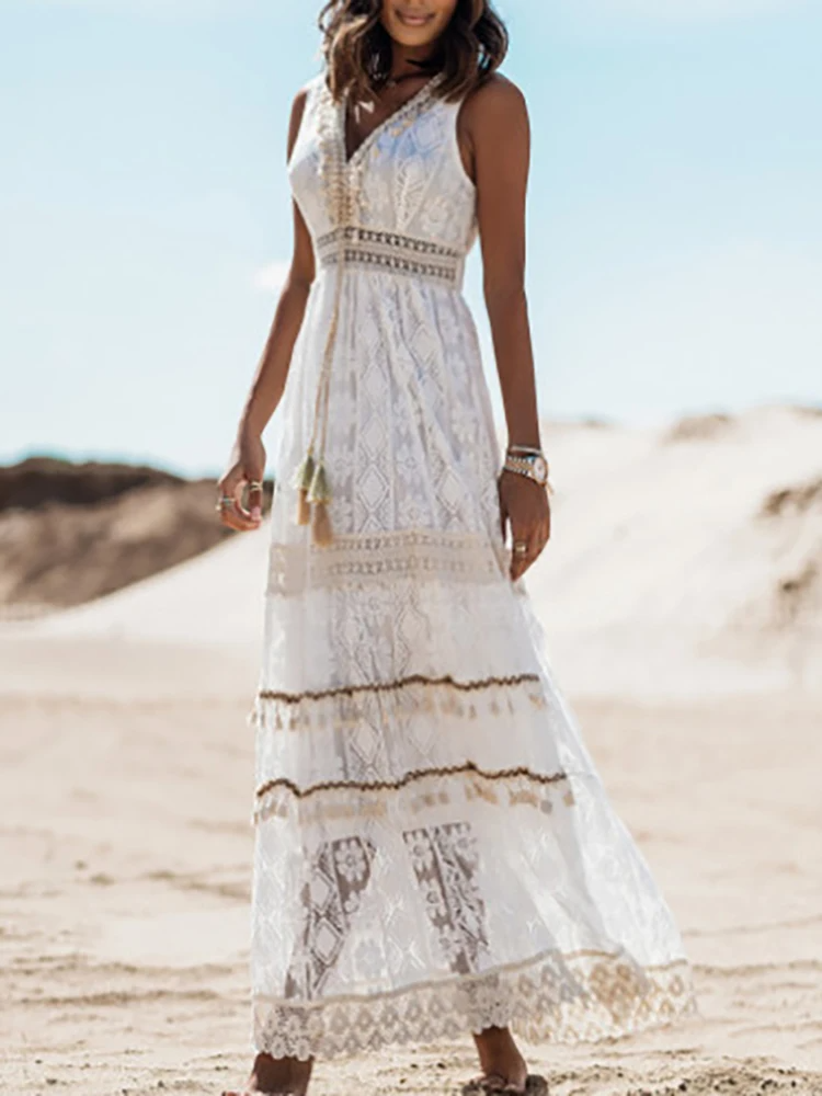 Vintage boho-maxikjole med snøre