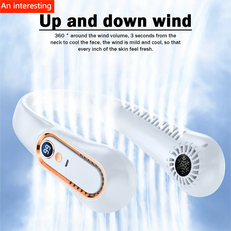 1 Stk. vingeløs nakkeventilator, bærbar USB-køleventilator med 5 hastigheder og digitalt display - superstærk teknologi og vingeløst design til udendørs brug