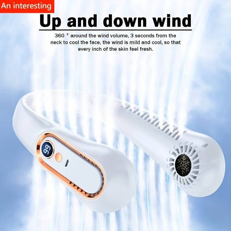 1 Stk. vingeløs nakkeventilator, bærbar USB-køleventilator med 5 hastigheder og digitalt display - superstærk teknologi og vingeløst design til udendørs brug