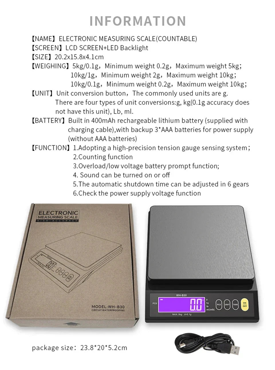 5 Kg/0,1 g og 10 kg/1 g digital elektronisk køkkenvægt, LCD-skærm, helt vandtæt vejeværktøj i rustfrit stål til bagning