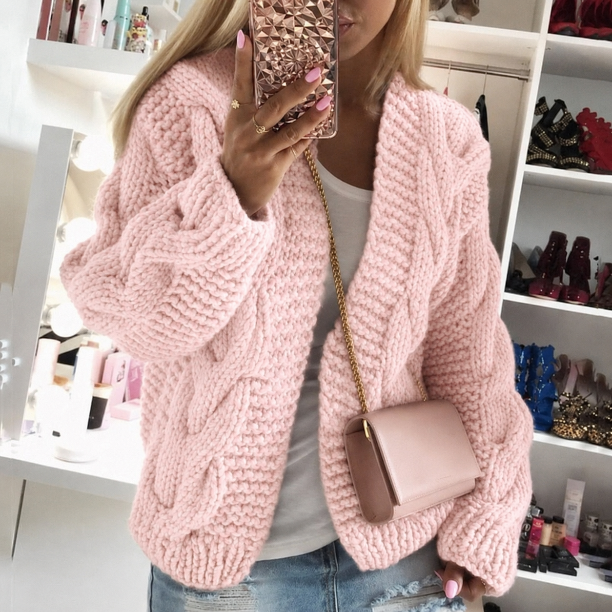 Åbenstående grovstrikket oversize cardigan til kvinder