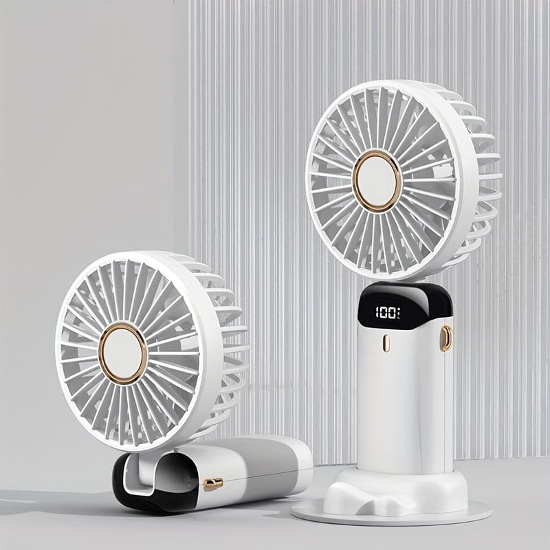 Bærbar håndholdt mini-ventilator, USB-genopladelig med LED-display, 5 hastigheder, 90° foldbar, batteridrevet – til kontor, soveværelse, udendørs, rejser, camping og skolestart