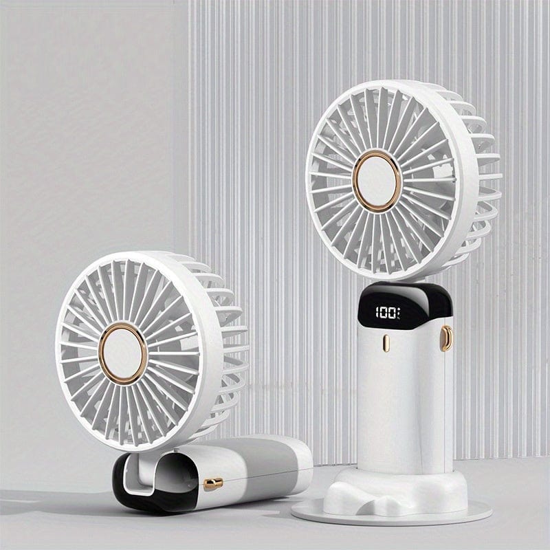 Bærbar håndholdt mini-ventilator, USB-genopladelig med LED-display, 5 hastigheder, 90° foldbar, batteridrevet – til kontor, soveværelse, udendørs, rejser, camping og skolestart
