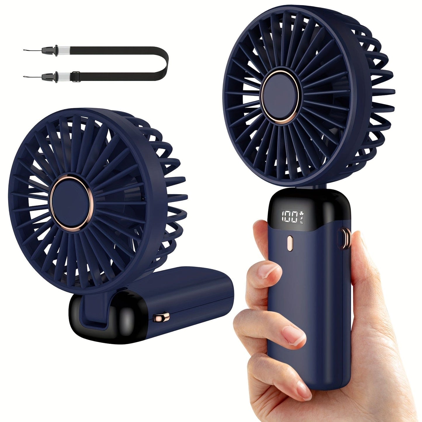 Bærbar håndholdt mini-ventilator, USB-genopladelig med LED-display, 5 hastigheder, 90° foldbar, batteridrevet – til kontor, soveværelse, udendørs, rejser, camping og skolestart