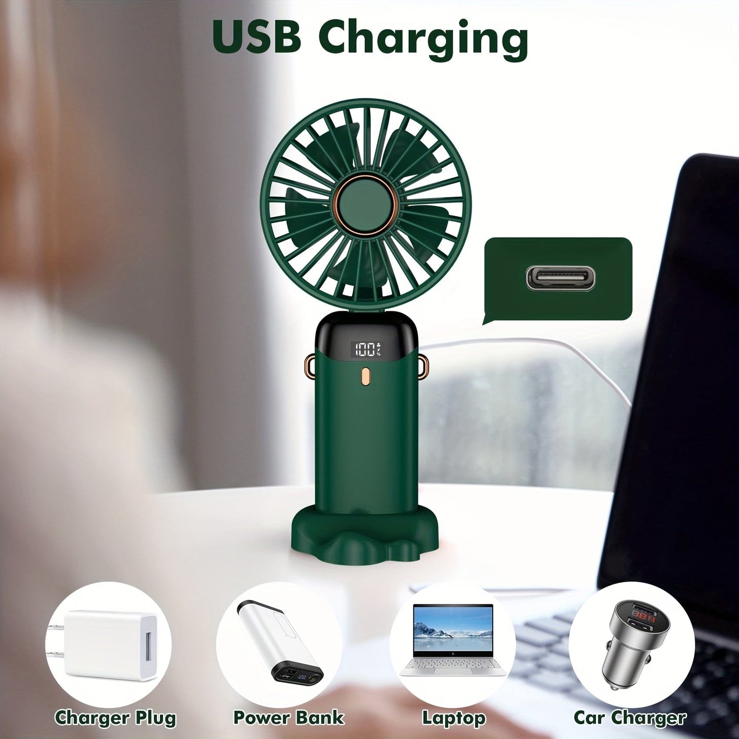 Bærbar håndholdt mini-ventilator, USB-genopladelig med LED-display, 5 hastigheder, 90° foldbar, batteridrevet – til kontor, soveværelse, udendørs, rejser, camping og skolestart