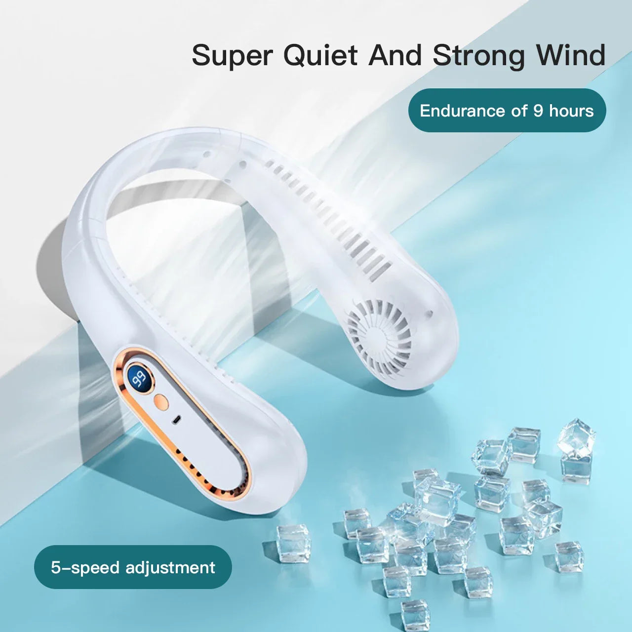 Bærbar mini bladløs nakkeventilator med digitalt display - USB-genopladelig luftkøler til nakken, håndfri køleoplevelse