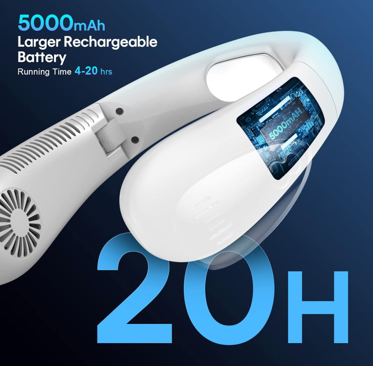 Bærbar nakkeventilator, håndfri og rotorløs ventilator, sammenklappelig lille personlig ventilator med 360° kølende luftstrøm, 3 hastighedsindstillinger, støjsvag, 4000 mAh USB-genopladeligt batteri, sætter sig ikke fast i håret