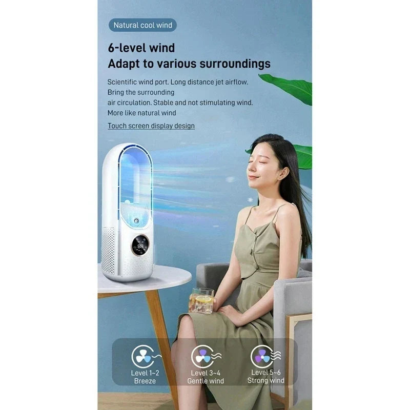 Bærbar USB-vingeløs luftkøler – Støjsvag 6-trins elektrisk ventilator med timer og luftfugter
