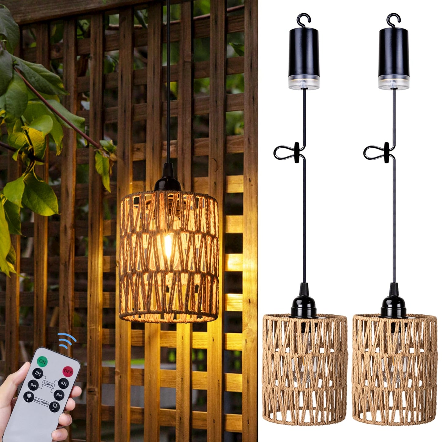 Batteridrevet rattan-pendel og hængelampe med varmhvid pære, 4 x AA-batterier – til lysthus, pergola, veranda, terrasse, udendørs og indendørs dekoration