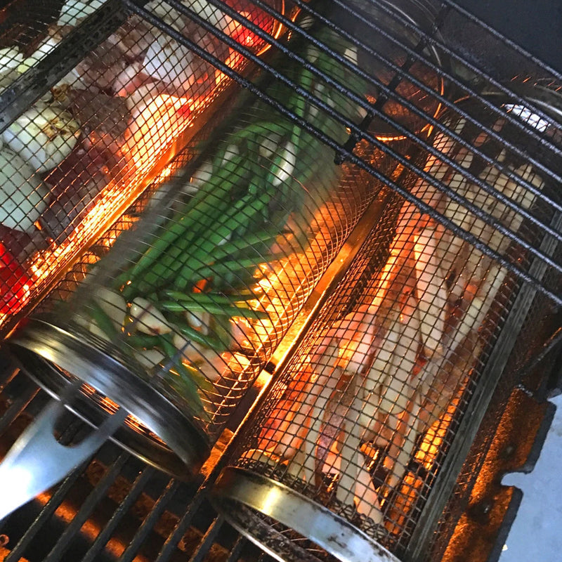 BBQ-grillkurv | 360° roterbar | Jævn varme | Design i rustfrit stål