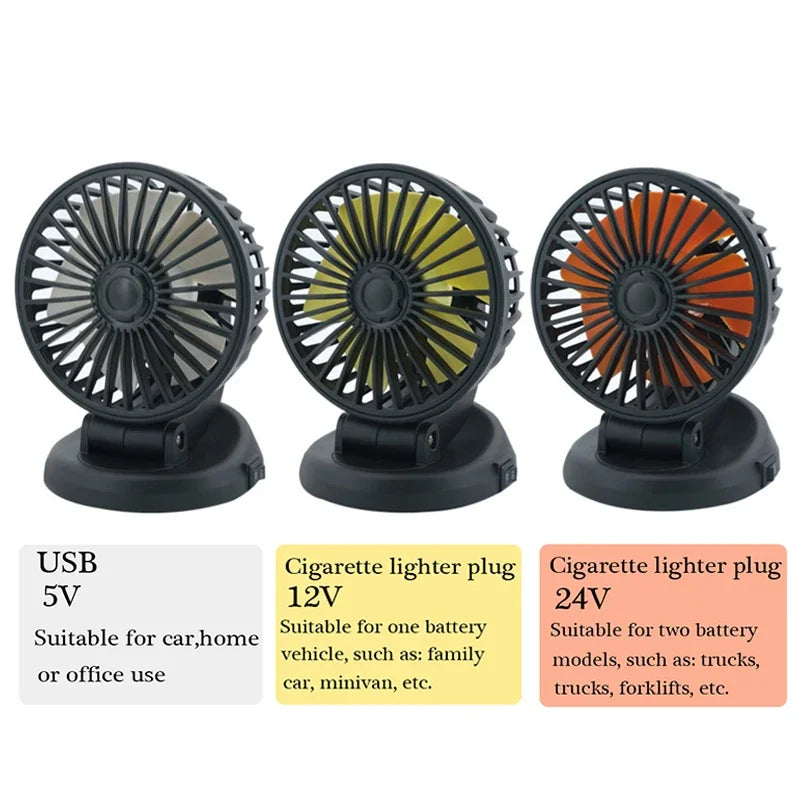 Bilventilator 12V/24V/5V | USB eller cigarettænder | Drejelig & kompakt | Til personbil, lastbil, SUV, autocamper & kontor