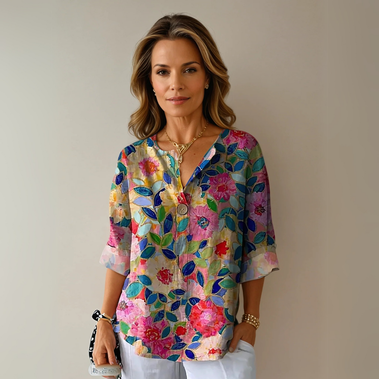 Blomstret damebluse med 3/4-ærmer