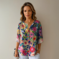 Blomstret damebluse med 3/4-ærmer