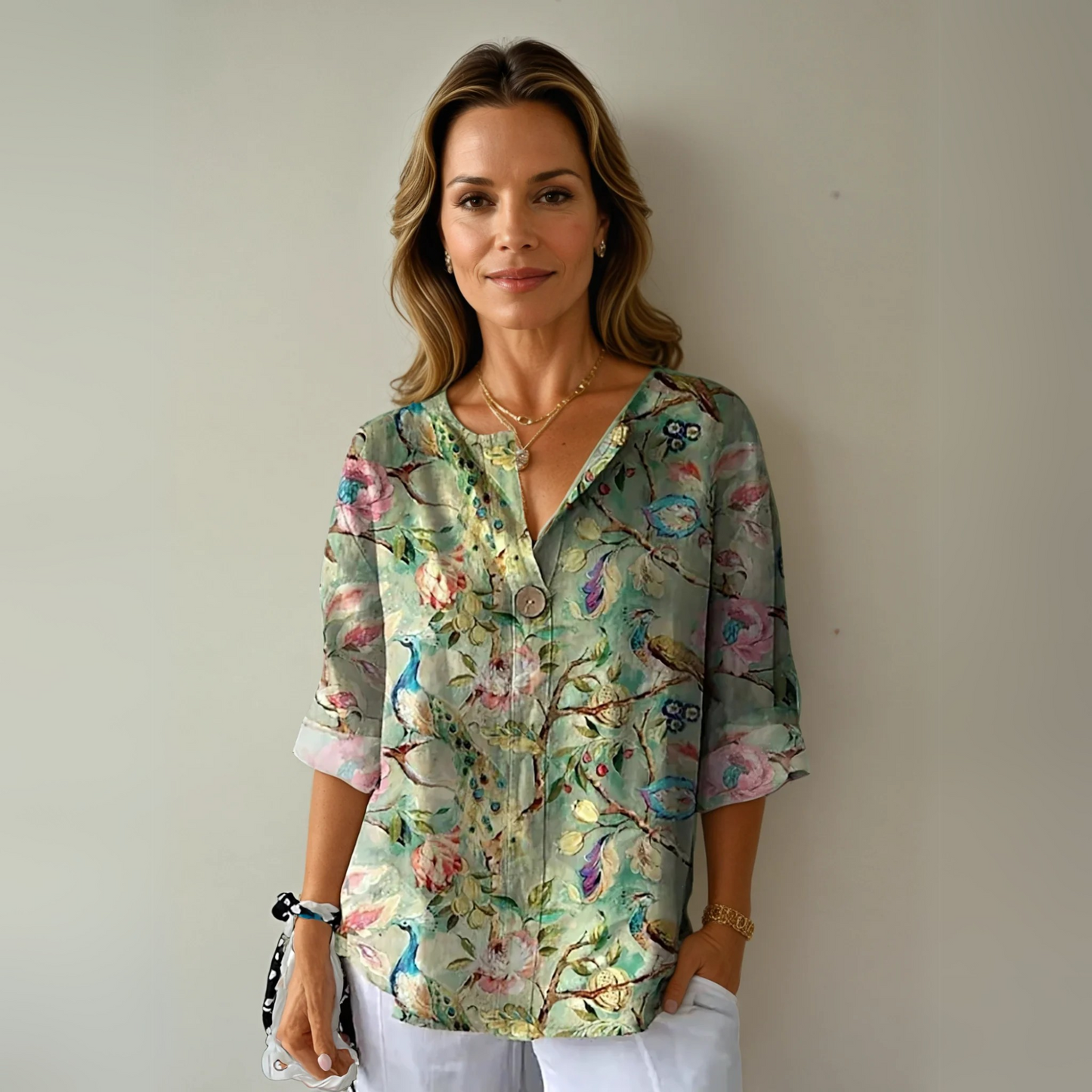 Blomstret damebluse med 3/4-ærmer