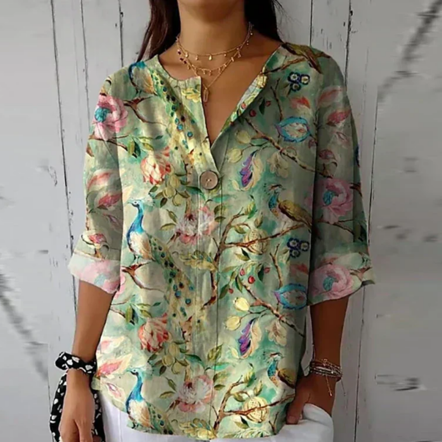 Blomstret damebluse med 3/4-ærmer