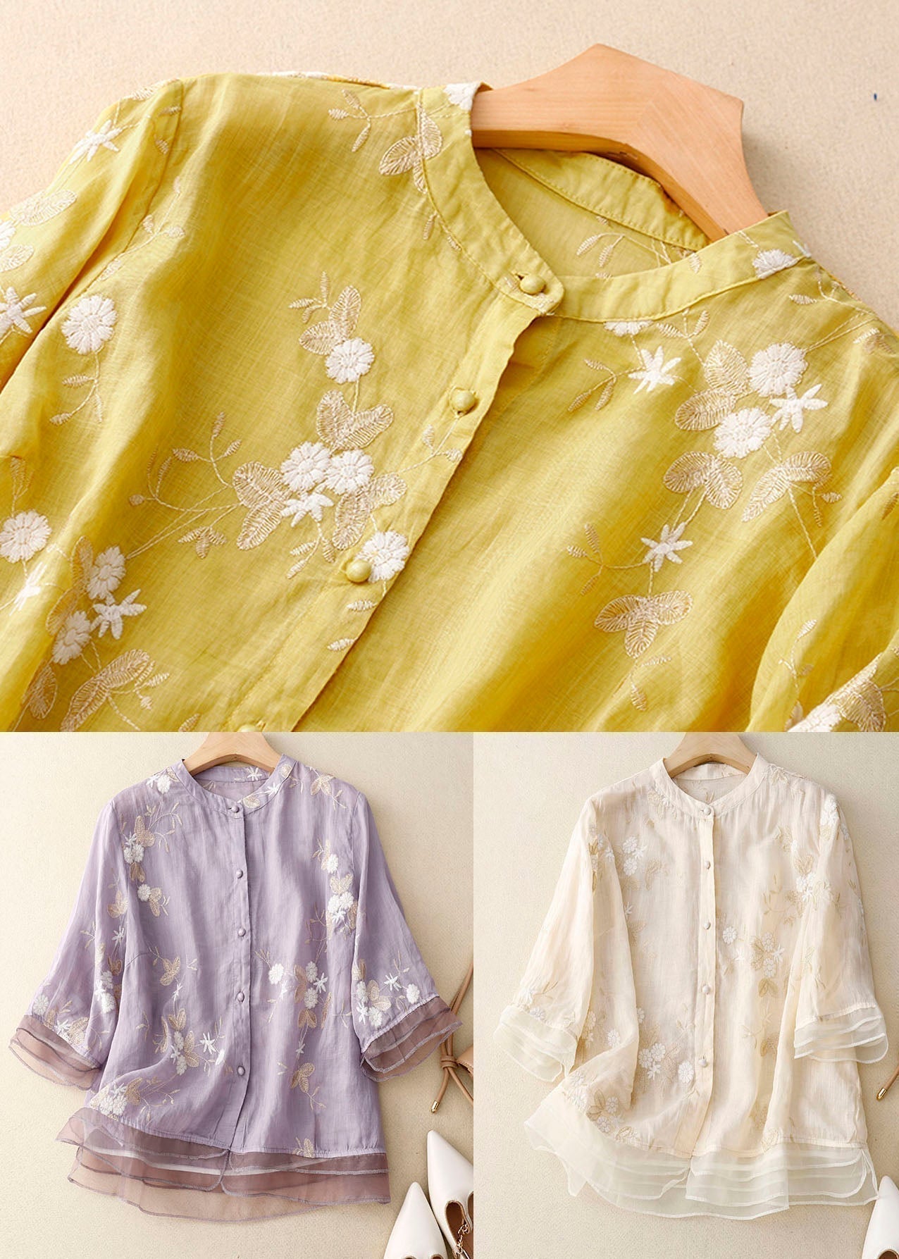 Blomstret gennemknappet damebluse