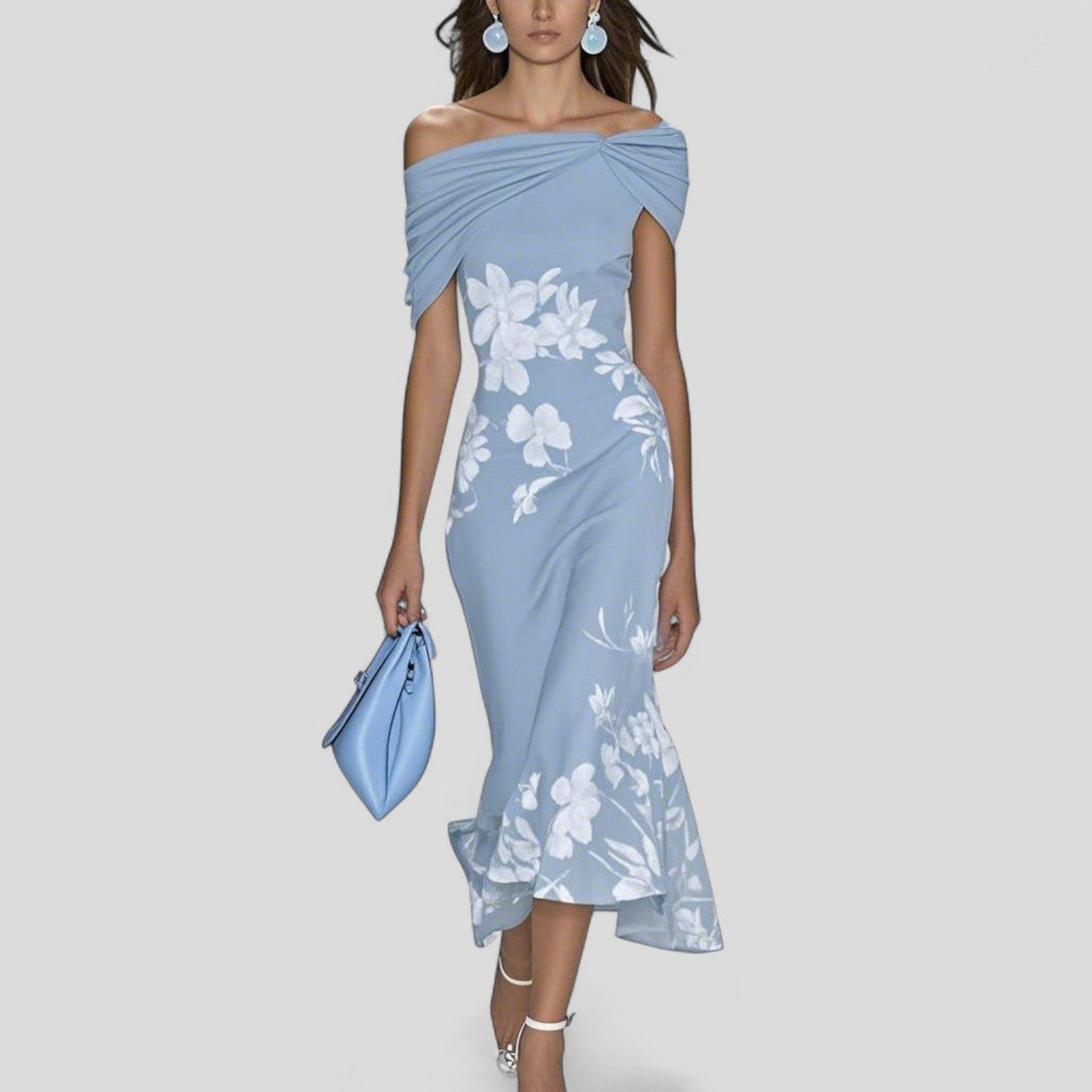 Blomstret off-shoulder midikjole til damer