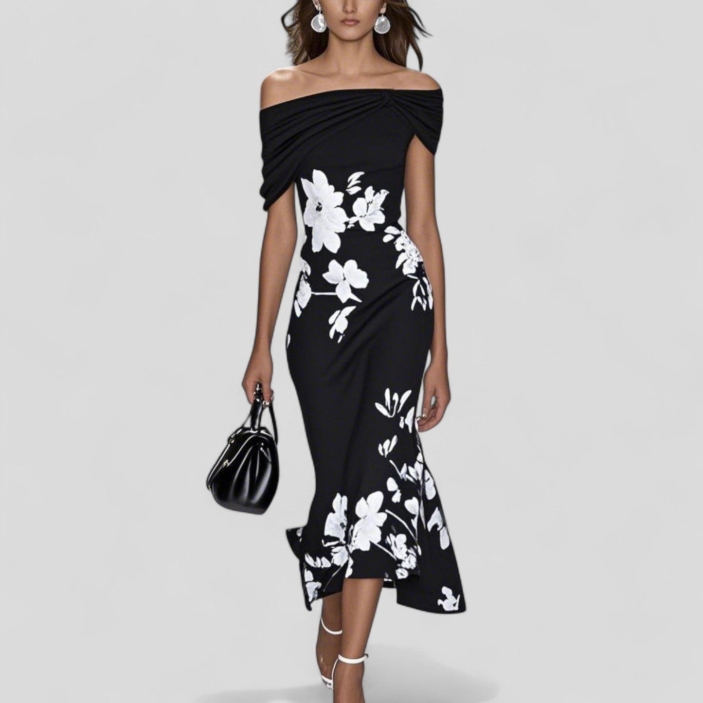 Blomstret off-shoulder midikjole til damer