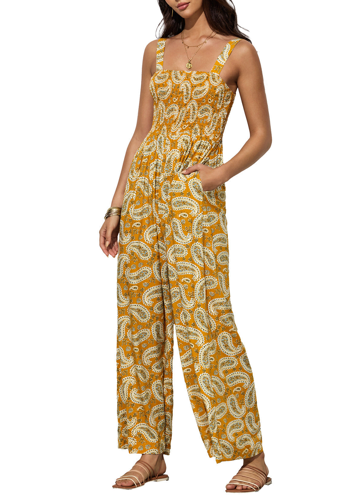 Blomstret smock-jumpsuit med brede ben til kvinder