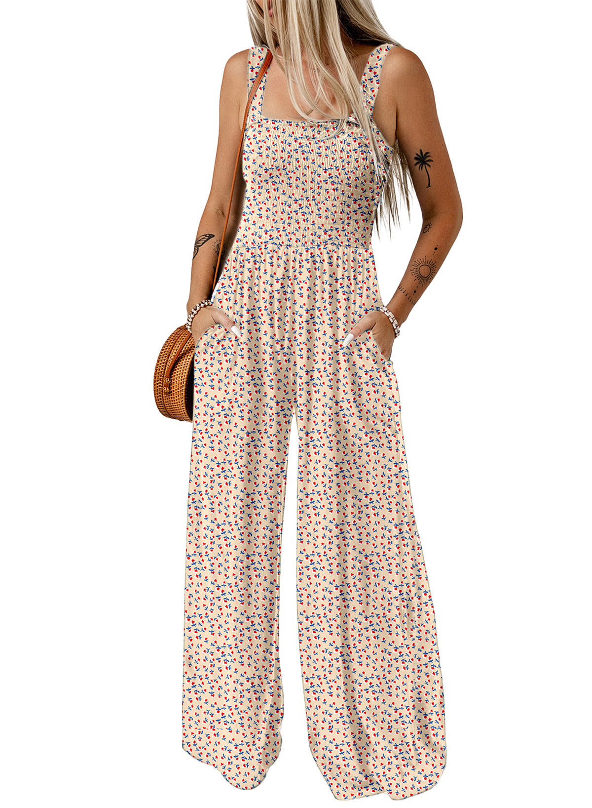 Blomstret smock-jumpsuit med brede ben til kvinder