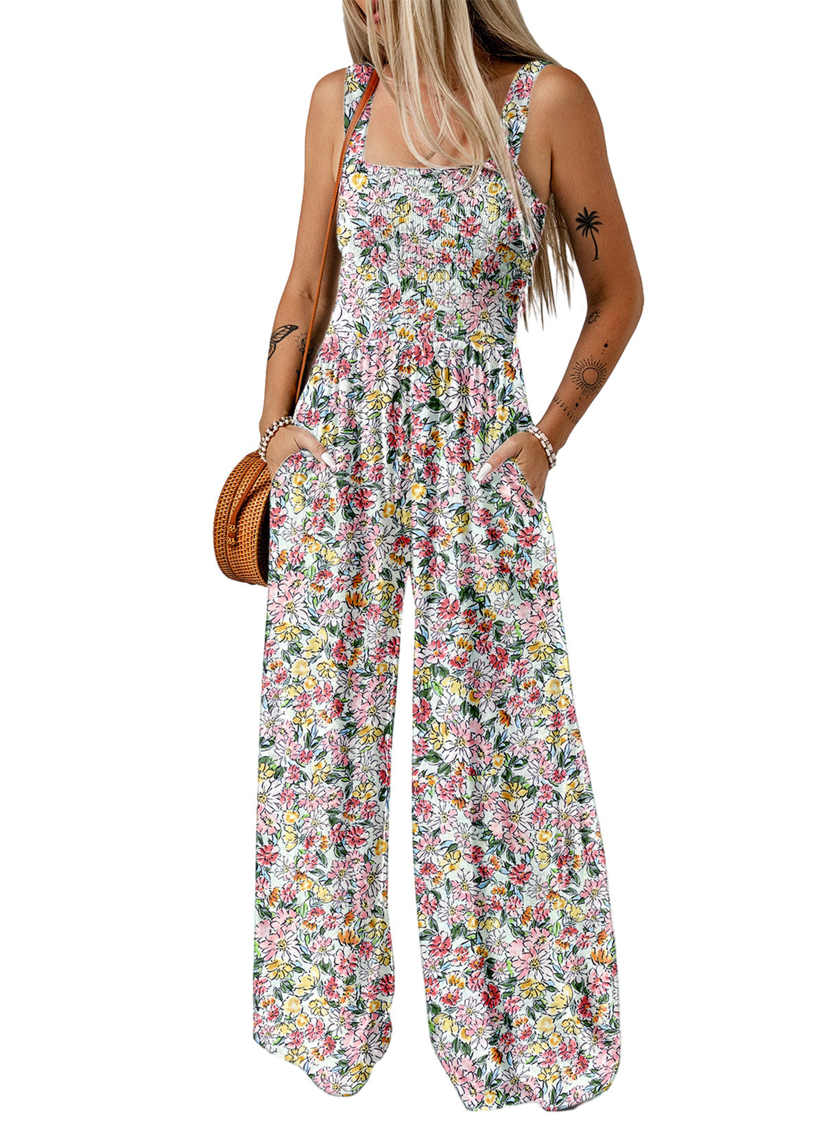 Blomstret smock-jumpsuit med brede ben til kvinder