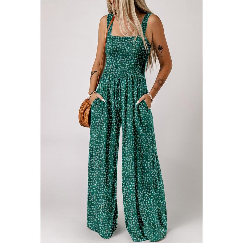 Blomstret smock-jumpsuit med brede ben til kvinder
