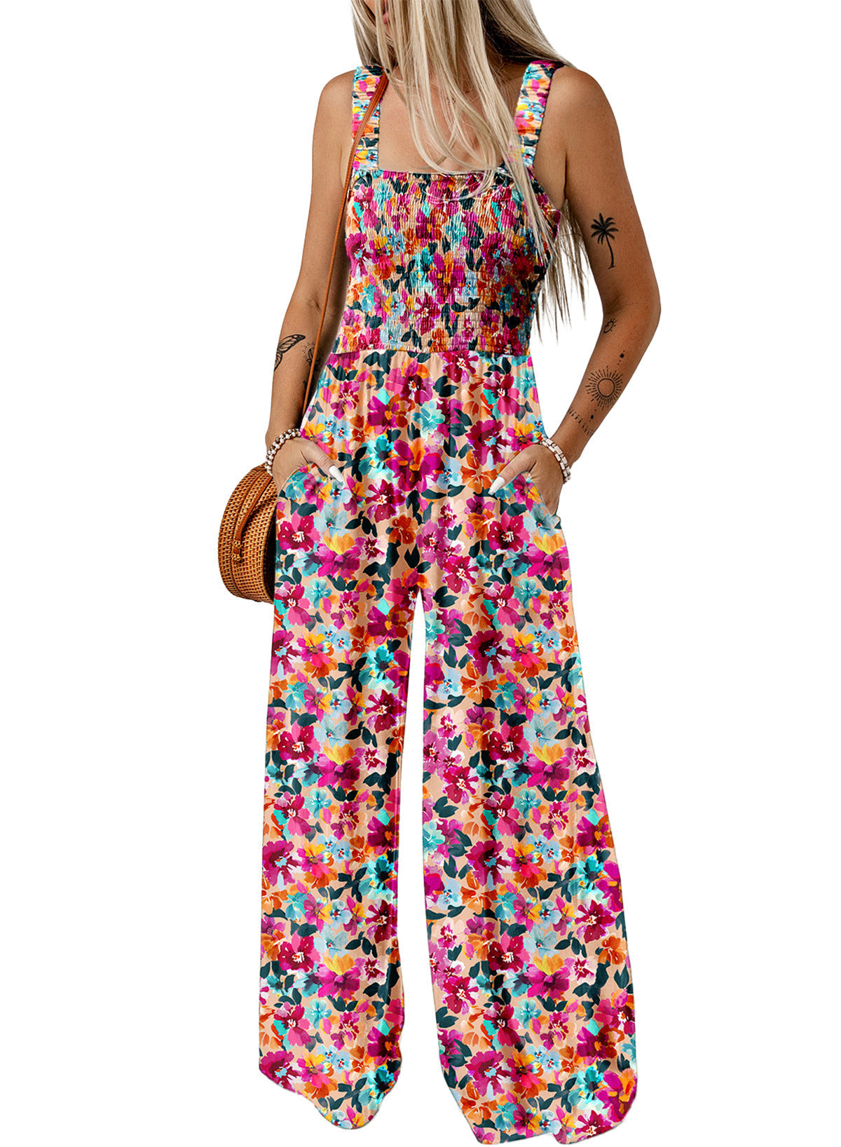 Blomstret smock-jumpsuit med brede ben til kvinder