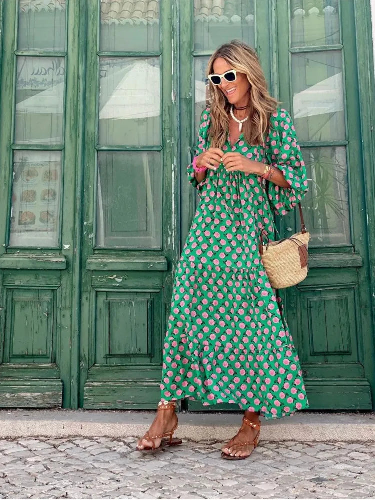 Boho maxikjole med blomsterprint til kvinder