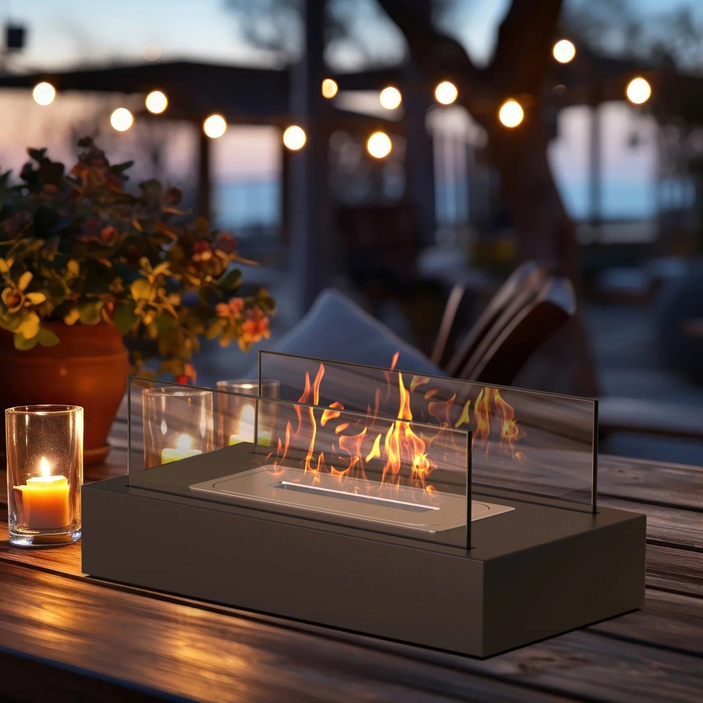 Bordslampe og bioethanol-bordpejs i moderne design