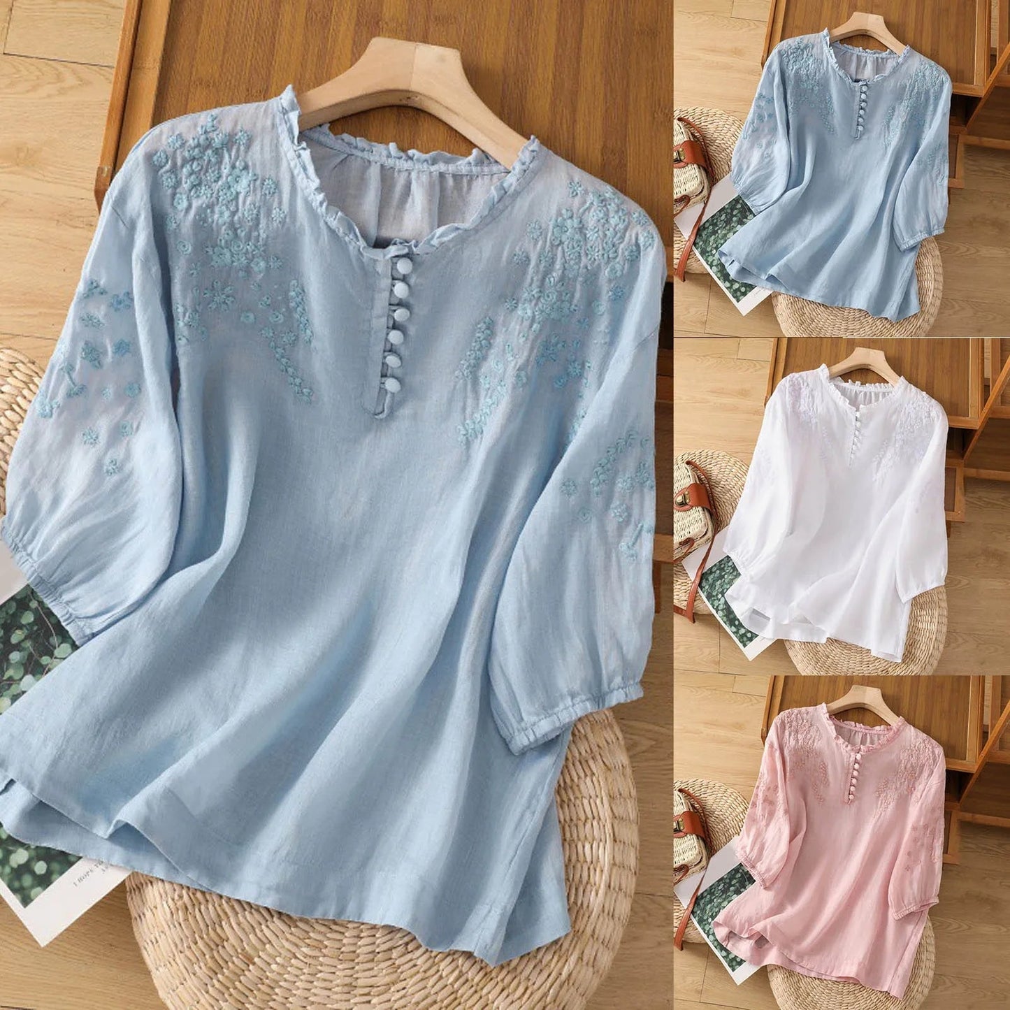 Broderet damebluse med 3/4-ærmer