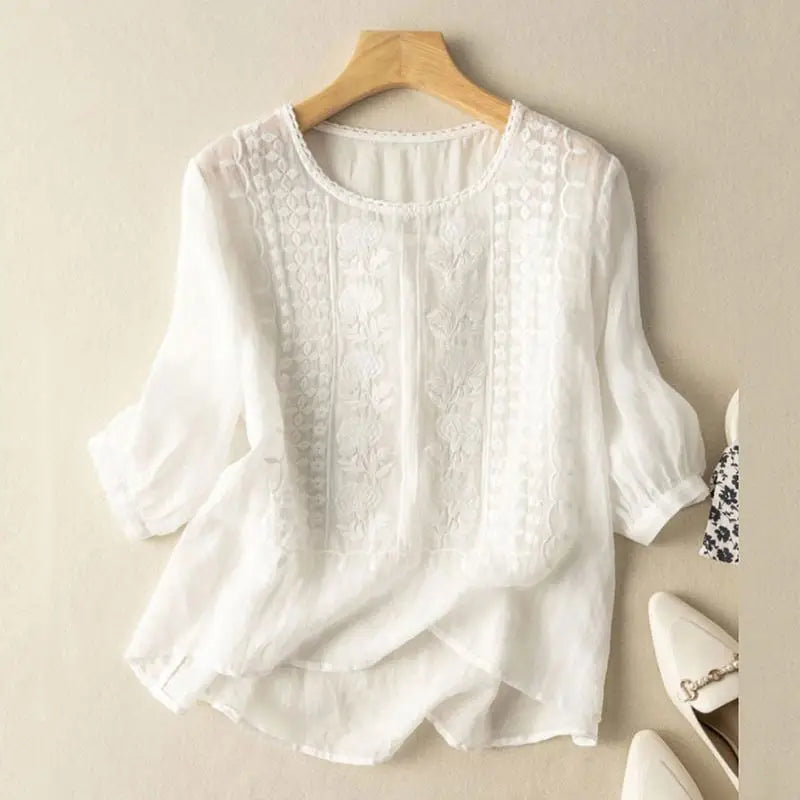 Broderet damebluse med afslappet pasform